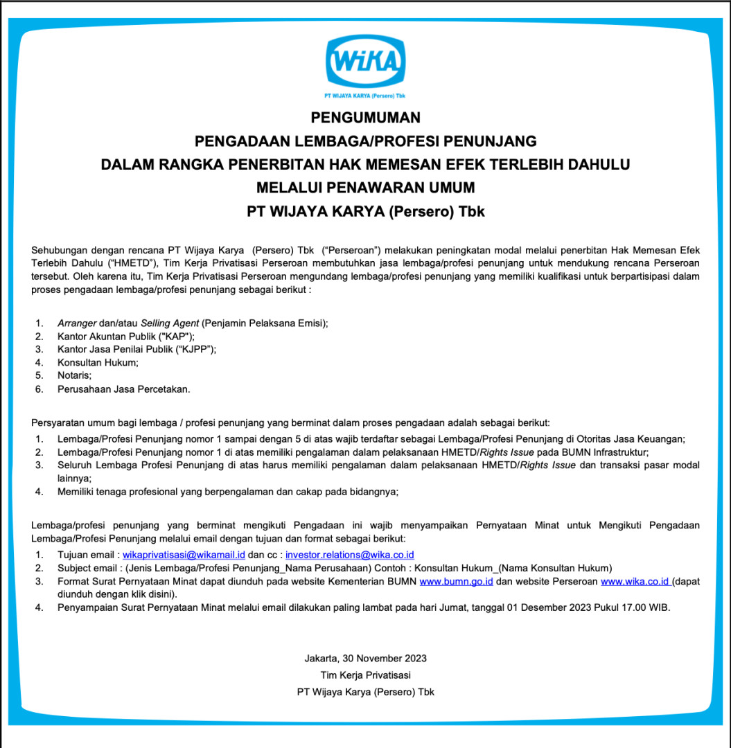 Pengumuman pengadaan lembaga/profesi penunjangan